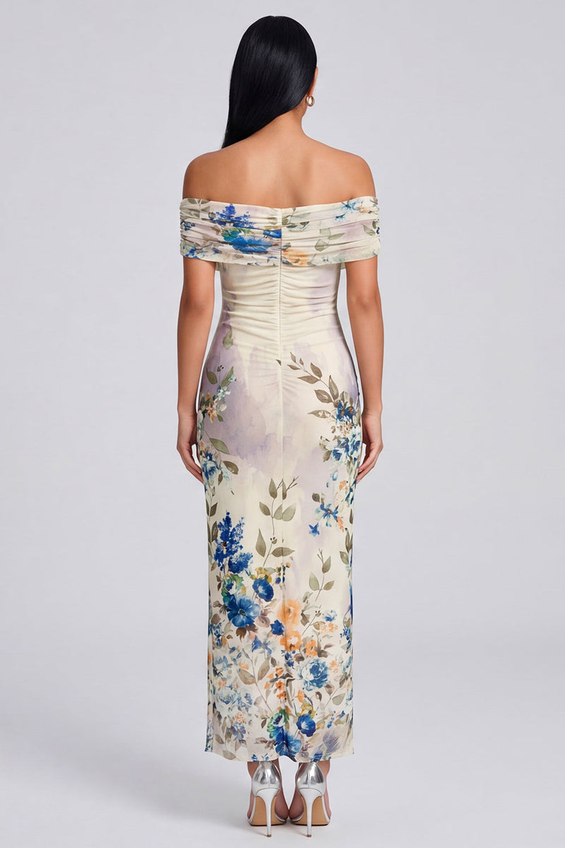 Load image into Gallery viewer, Ivory Off the Shoulder Sheath Ruched Floral Maxi Beach Formal Dress