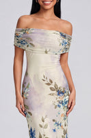 Load image into Gallery viewer, Ivory Off the Shoulder Sheath Ruched Floral Maxi Beach Formal Dress
