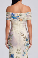 Load image into Gallery viewer, Ivory Off the Shoulder Sheath Ruched Floral Maxi Beach Formal Dress