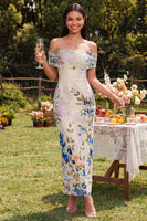 Load image into Gallery viewer, Ivory Off the Shoulder Sheath Ruched Floral Maxi Beach Formal Dress