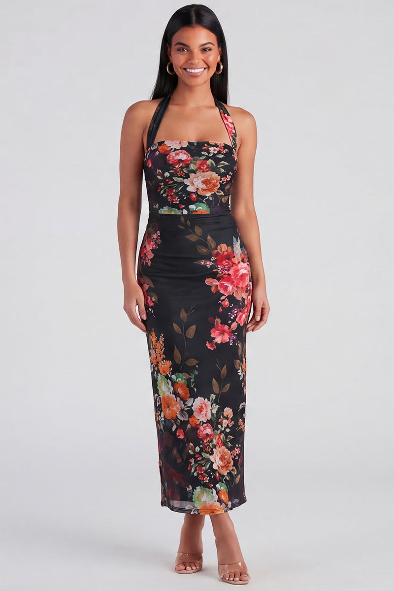 Load image into Gallery viewer, Halter Ruched Champagne Floral Sheath Maxi Beach Formal Dress