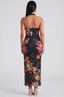 Load image into Gallery viewer, Halter Ruched Champagne Floral Sheath Maxi Beach Formal Dress