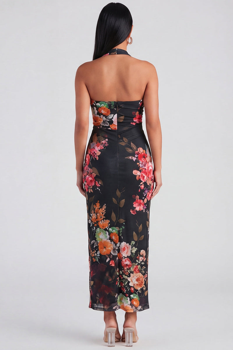 Load image into Gallery viewer, Halter Ruched Champagne Floral Sheath Maxi Beach Formal Dress