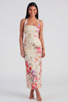 Load image into Gallery viewer, Halter Ruched Champagne Floral Sheath Maxi Beach Formal Dress