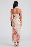 Load image into Gallery viewer, Halter Ruched Champagne Floral Sheath Maxi Beach Formal Dress