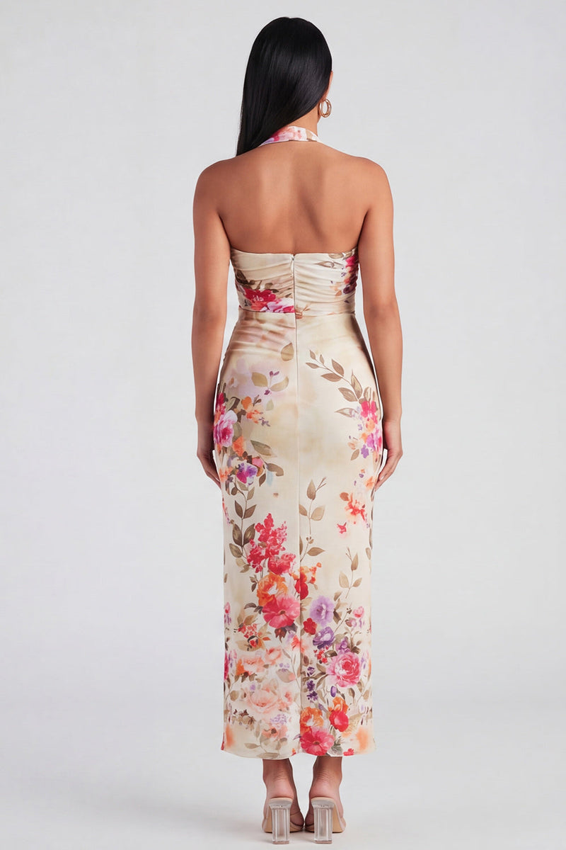 Load image into Gallery viewer, Halter Ruched Champagne Floral Sheath Maxi Beach Formal Dress