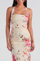 Load image into Gallery viewer, Halter Ruched Champagne Floral Sheath Maxi Beach Formal Dress