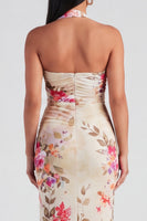 Load image into Gallery viewer, Halter Ruched Champagne Floral Sheath Maxi Beach Formal Dress