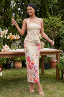 Load image into Gallery viewer, Halter Ruched Champagne Floral Sheath Maxi Beach Formal Dress