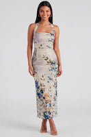 Load image into Gallery viewer, Halter Ruched Champagne Floral Sheath Maxi Beach Formal Dress