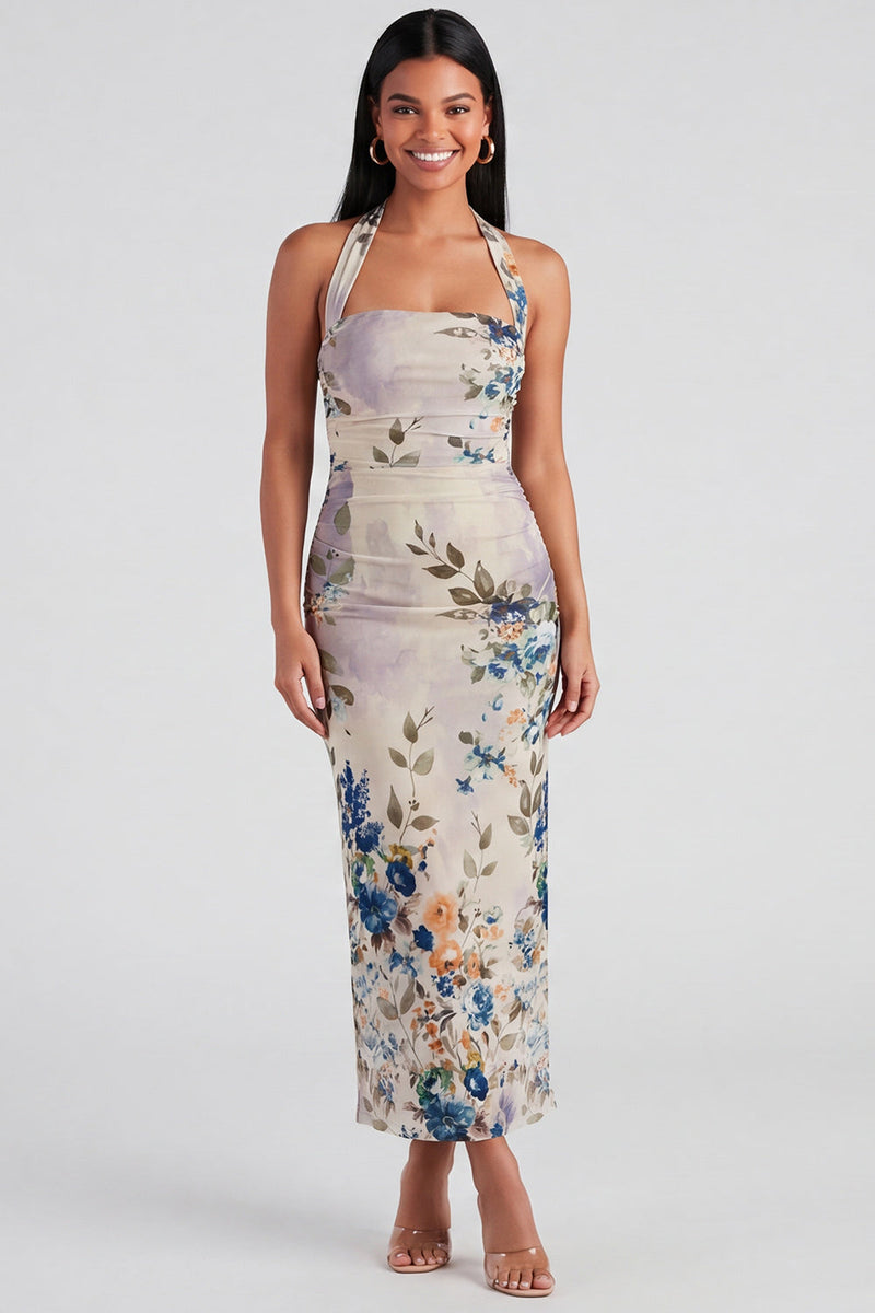 Load image into Gallery viewer, Halter Ruched Champagne Floral Sheath Maxi Beach Formal Dress