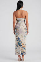 Load image into Gallery viewer, Halter Ruched Champagne Floral Sheath Maxi Beach Formal Dress