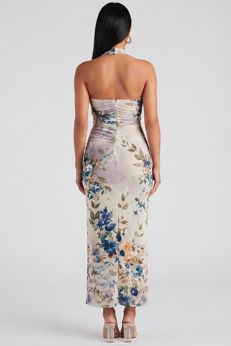 Load image into Gallery viewer, Halter Ruched Champagne Floral Sheath Maxi Beach Formal Dress
