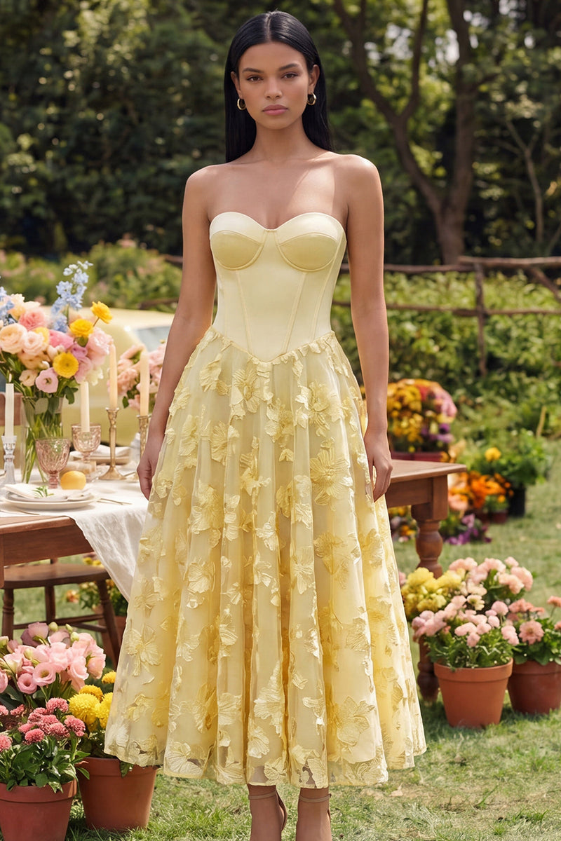 Load image into Gallery viewer, Butter Yellow Corset Basque Waist Maxi Floral A Line Beach Formal Dress