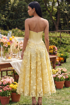 Butter Yellow Corset Basque Waist Maxi Floral A Line Beach Formal Dress