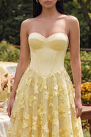Load image into Gallery viewer, Butter Yellow Corset Basque Waist Maxi Floral A Line Beach Formal Dress