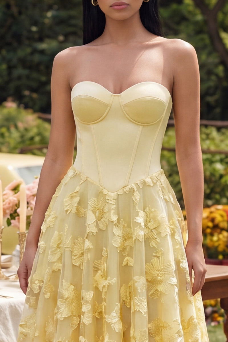 Load image into Gallery viewer, Butter Yellow Corset Basque Waist Maxi Floral A Line Beach Formal Dress