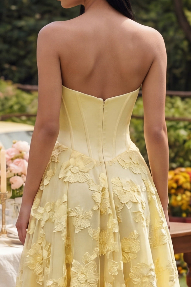 Load image into Gallery viewer, Butter Yellow Corset Basque Waist Maxi Floral A Line Beach Formal Dress