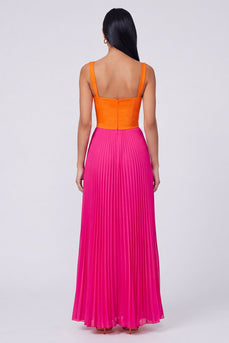 A Line Long Color Block Patchwork Orange and Fuchsia Formal Dress with Pleats
