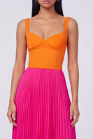 Load image into Gallery viewer, A Line Long Color Block Patchwork Orange and Fuchsia Formal Dress with Pleats