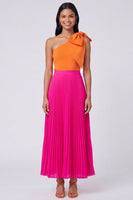 Load image into Gallery viewer, Orange and Fuchsia Color Block Patchwork Pleated Long Formal Dress with Bow