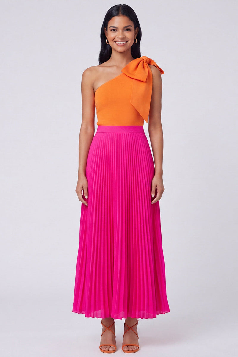 Load image into Gallery viewer, Orange and Fuchsia Color Block Patchwork Pleated Long Formal Dress with Bow
