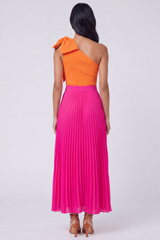 Orange and Fuchsia Color Block Patchwork Pleated Long Formal Dress with Bow