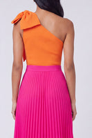 Load image into Gallery viewer, Orange and Fuchsia Color Block Patchwork Pleated Long Formal Dress with Bow