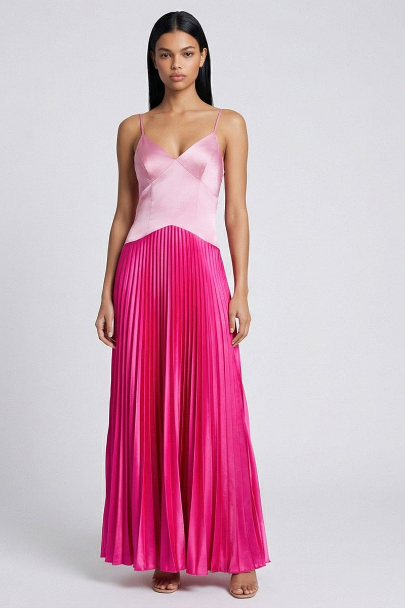 Load image into Gallery viewer, Long Color Block Patchwork Pink and Fuchsia Basque Wasit Formal Dress with Pleats