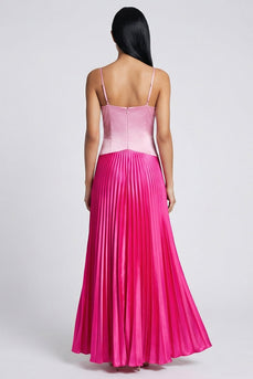 Long Color Block Patchwork Pink and Fuchsia Basque Wasit Formal Dress with Pleats