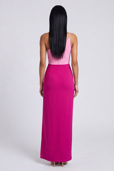 Pink and Fuchsia Color Block Patchwork Long Sheath Formal Dress with Slit