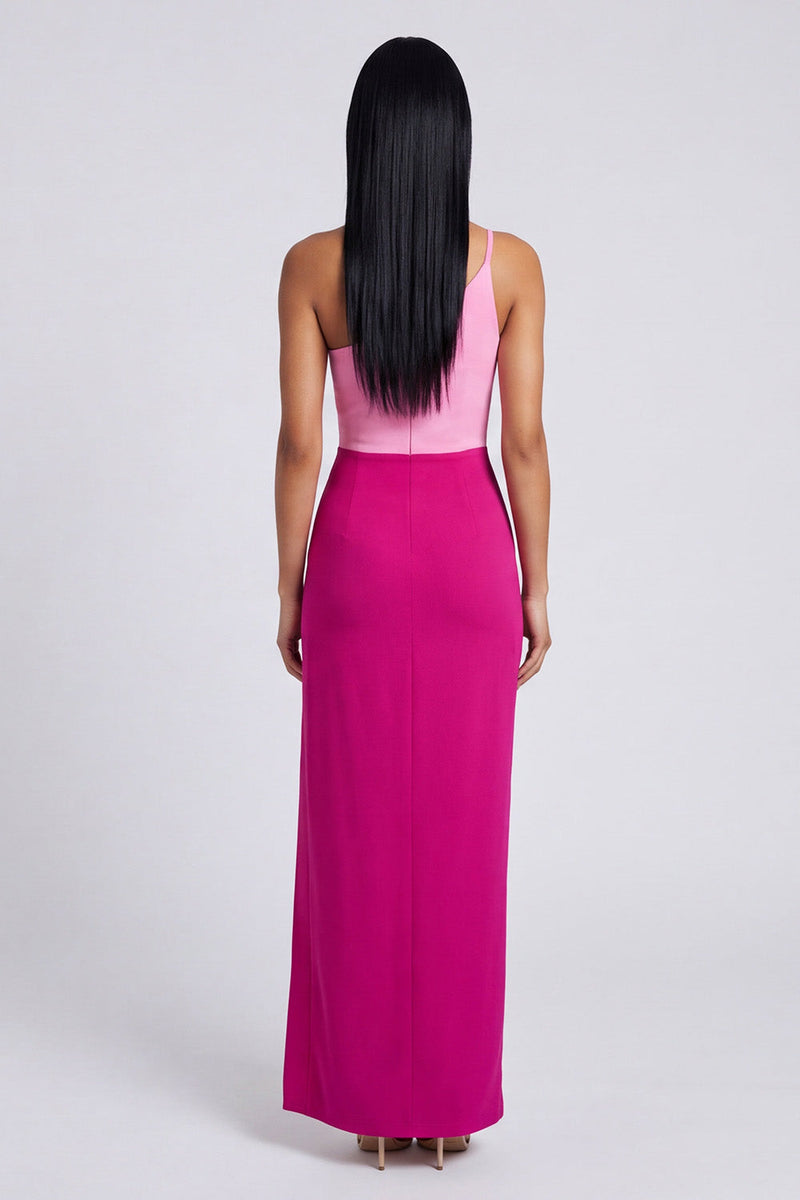 Load image into Gallery viewer, Pink and Fuchsia Color Block Patchwork Long Sheath Formal Dress with Slit