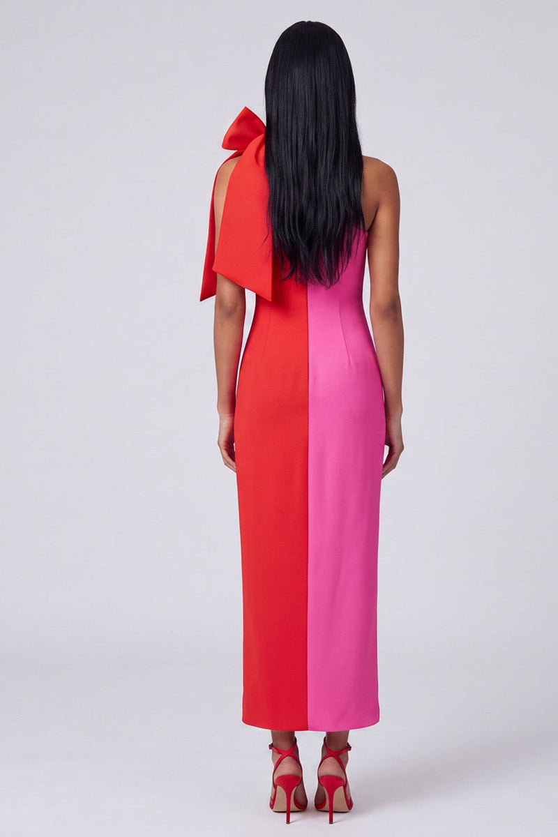 Load image into Gallery viewer, Fuchsia and Red Color Block Patchwork Sheath Long Formal Dress with Bow