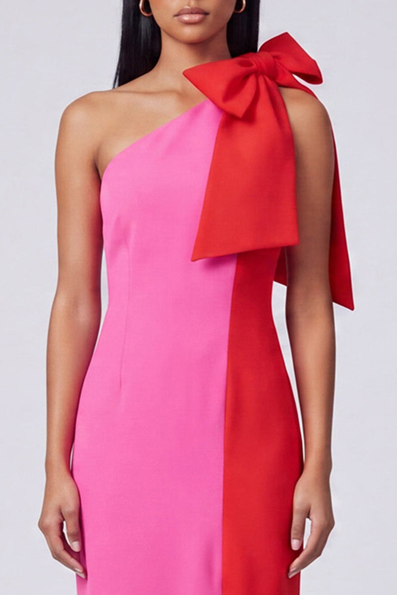 Load image into Gallery viewer, Fuchsia and Red Color Block Patchwork Sheath Long Formal Dress with Bow