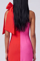 Load image into Gallery viewer, Fuchsia and Red Color Block Patchwork Sheath Long Formal Dress with Bow