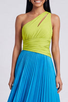 Load image into Gallery viewer, Green and Blue Color Block Patchwork Keyhole Long Formal Dress with Pleats