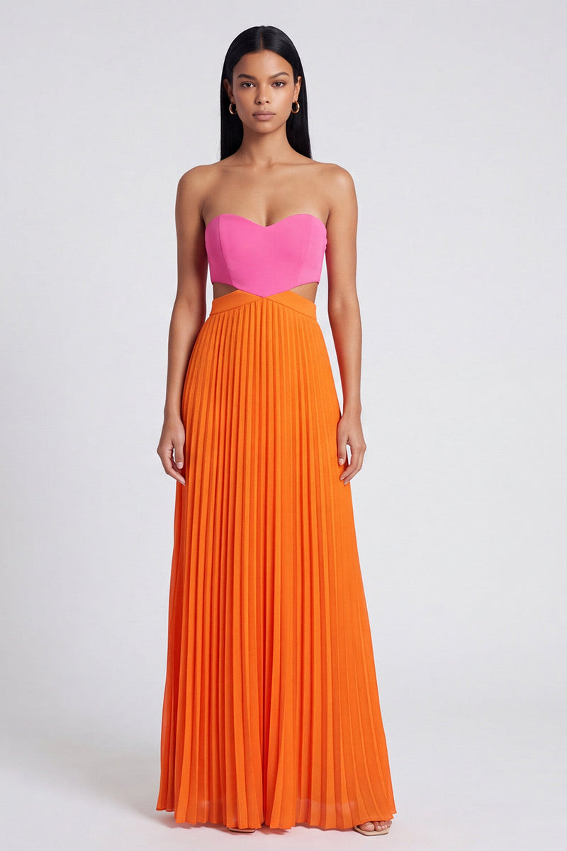 Load image into Gallery viewer, Empire Waist Pink and Orange Color Block Patchwork Pletaed Long Formal Dress