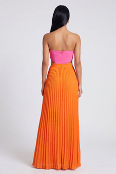 Empire Waist Pink and Orange Color Block Patchwork Pletaed Long Formal Dress