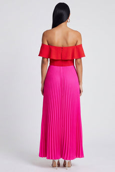 A Line Color Block Patchwork Fuchsia and Red Long Formal Dress with Pleats