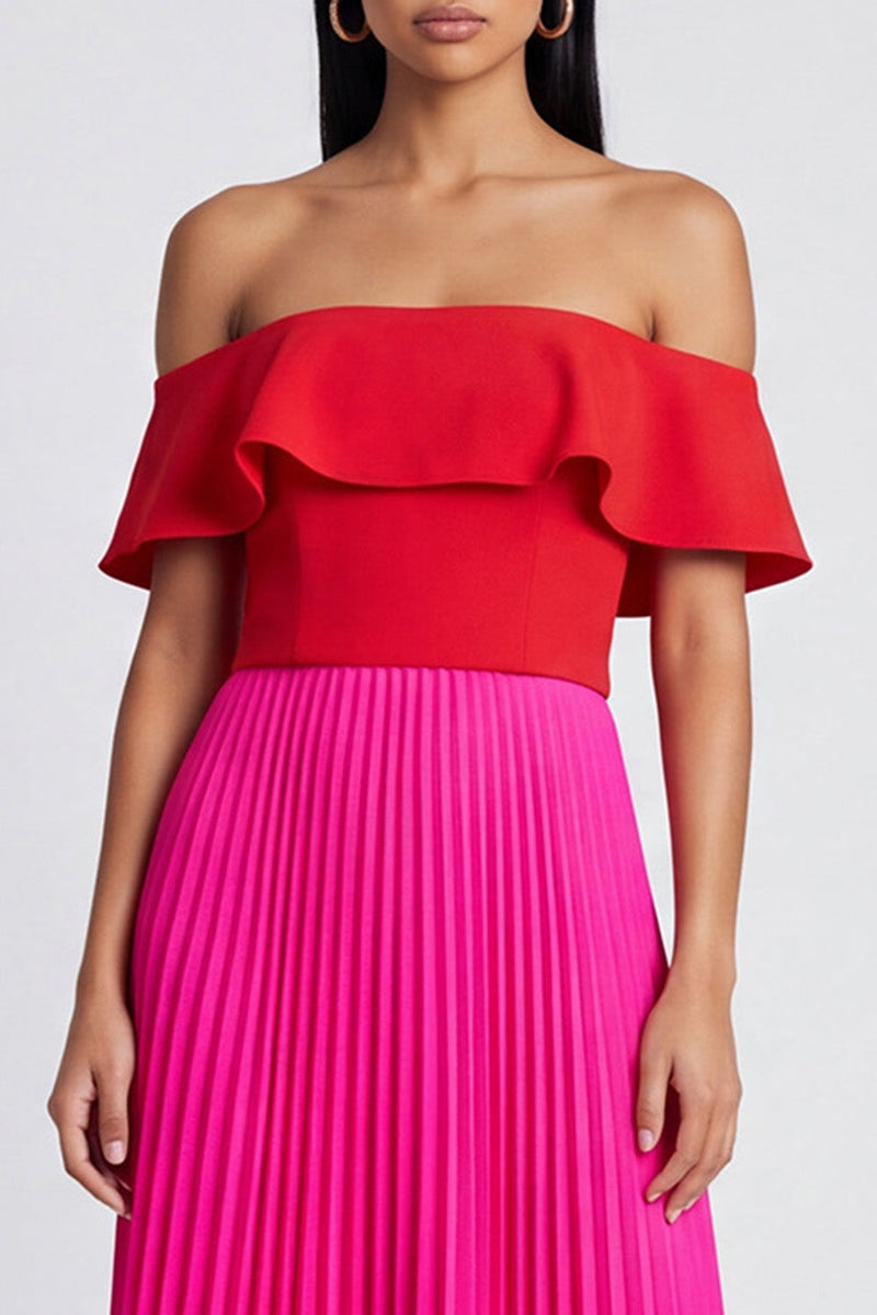 Load image into Gallery viewer, A Line Color Block Patchwork Fuchsia and Red Long Formal Dress with Pleats