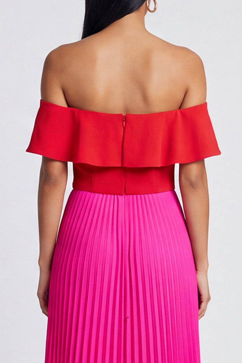 Load image into Gallery viewer, A Line Color Block Patchwork Fuchsia and Red Long Formal Dress with Pleats