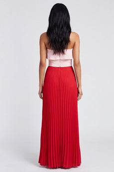 Long Pink and Red Color Block Patchwork A Line Formal Dress with Pleats