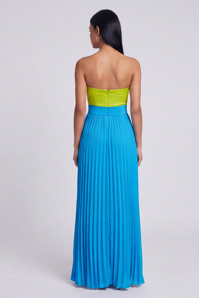 Load image into Gallery viewer, Green and Blue Empire Waist Color Block Patchwork Long Formal Dress