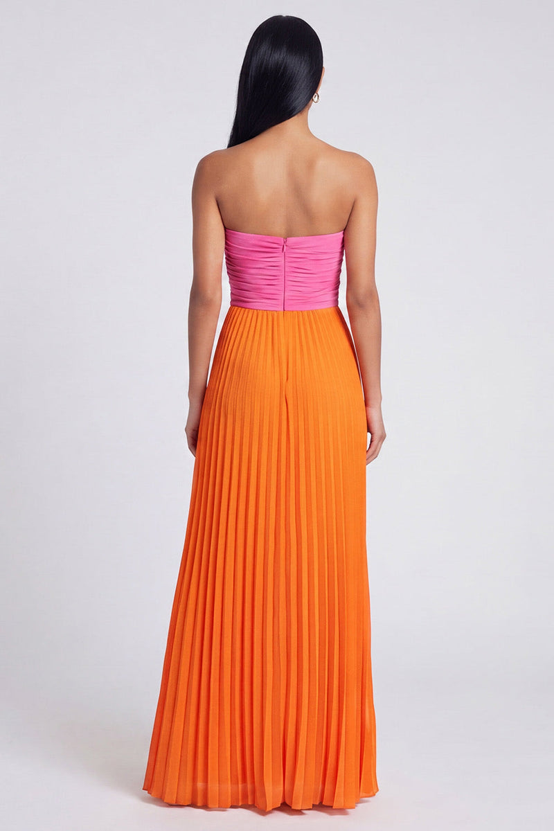 Load image into Gallery viewer, Pink and Orange Empire Waist Color Block Patchwork Long Formal Dress