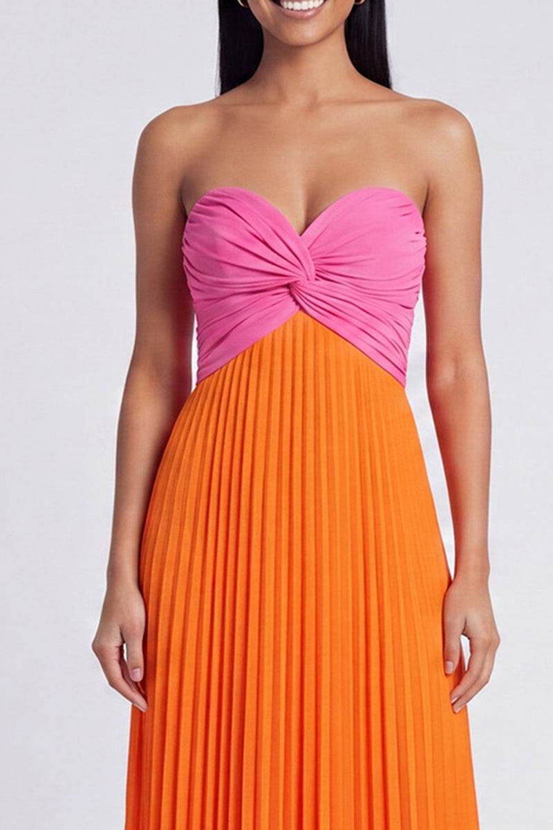 Load image into Gallery viewer, Pink and Orange Empire Waist Color Block Patchwork Long Formal Dress
