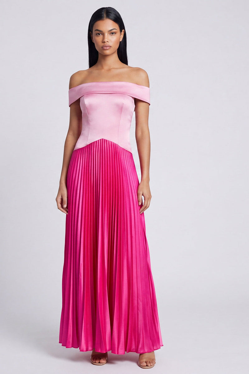 Load image into Gallery viewer, Pink and Fuchsia A Line Color Block Patchwork Long Formal Dress with Pleats