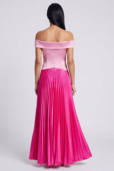 Pink and Fuchsia A Line Color Block Patchwork Long Formal Dress with Pleats