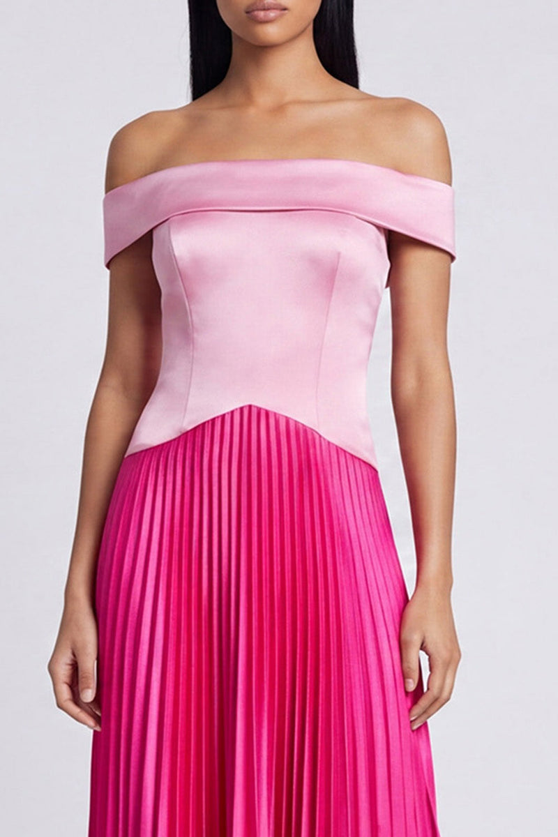 Load image into Gallery viewer, Pink and Fuchsia A Line Color Block Patchwork Long Formal Dress with Pleats