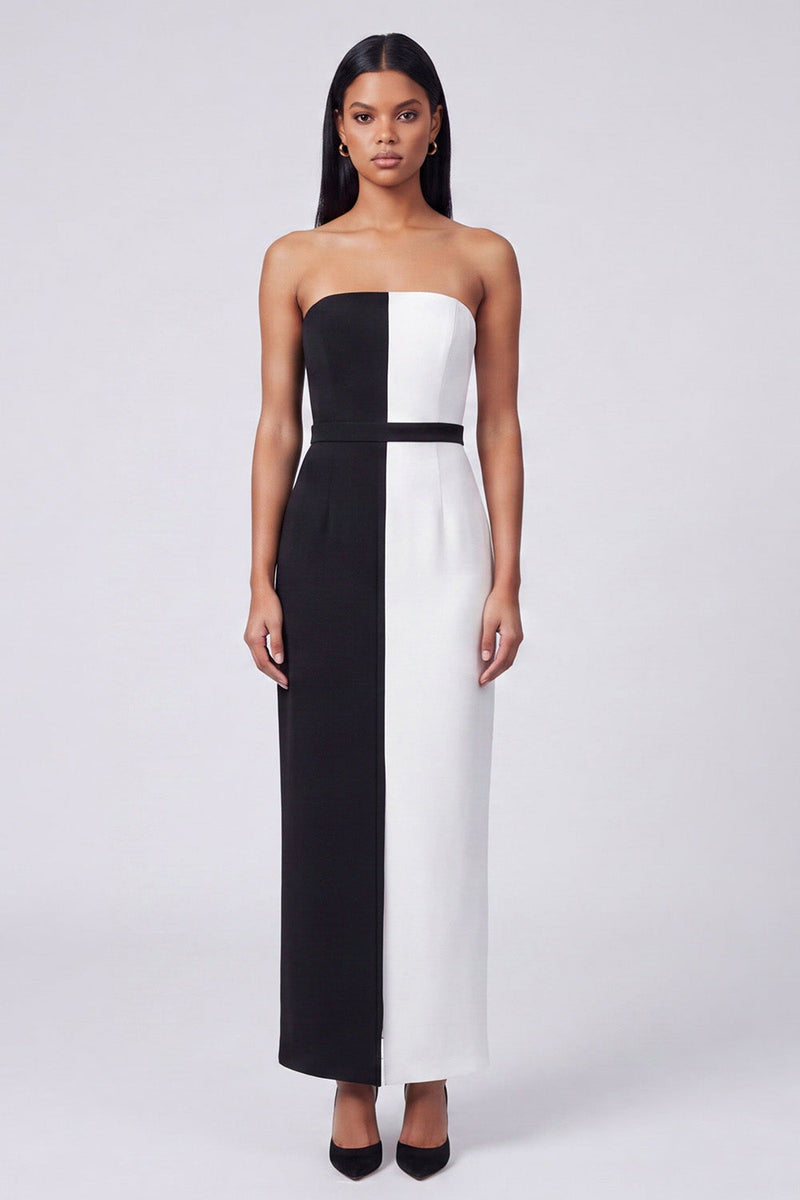 Load image into Gallery viewer, Sheath Strapless Black and White Color Block Patchwork Long Formal Dress