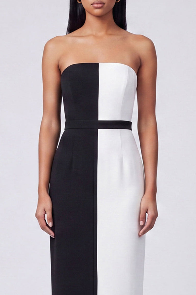 Load image into Gallery viewer, Sheath Strapless Black and White Color Block Patchwork Long Formal Dress